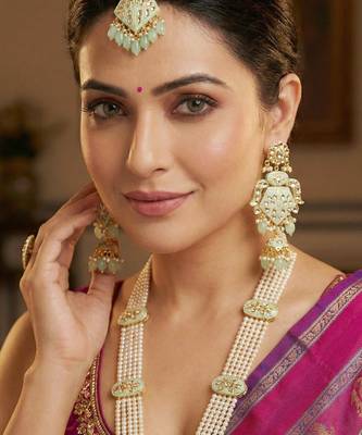 Traditional mint kundan & pearl long necklace set for women 2