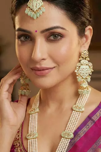 Traditional mint kundan & pearl long necklace set for women