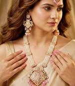 Traditional pink kundan & pearl long necklace set for women