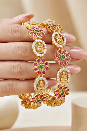 Gold peacock design bangle pink green