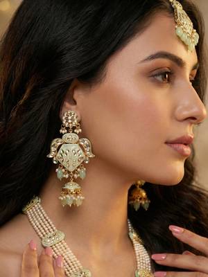 Traditional mint kundan & pearl long necklace set for women 3