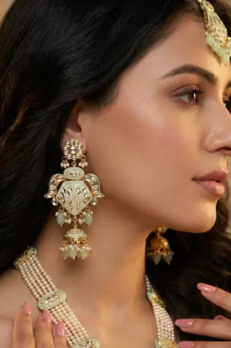 Traditional mint kundan & pearl long necklace set for women