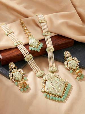 Traditional mint kundan & pearl long necklace set for women 4