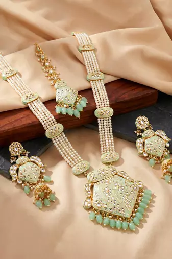 Traditional mint kundan & pearl long necklace set for women