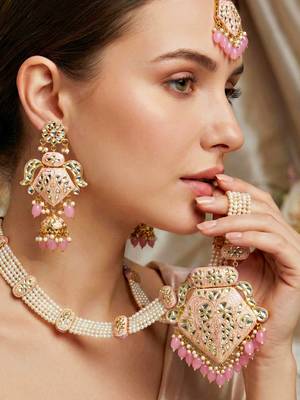 Traditional pink kundan & pearl long necklace set for women 3