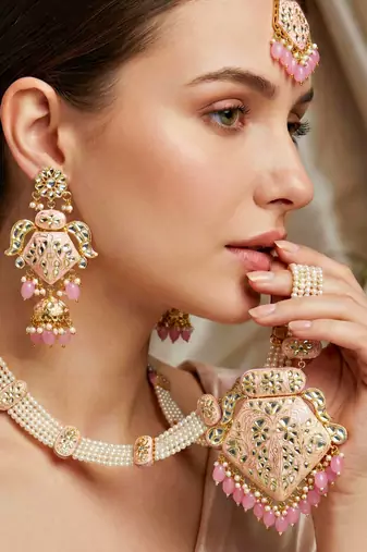 Traditional pink kundan & pearl long necklace set for women