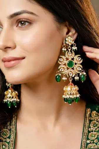 Gold plated navratan necklace set with earrings