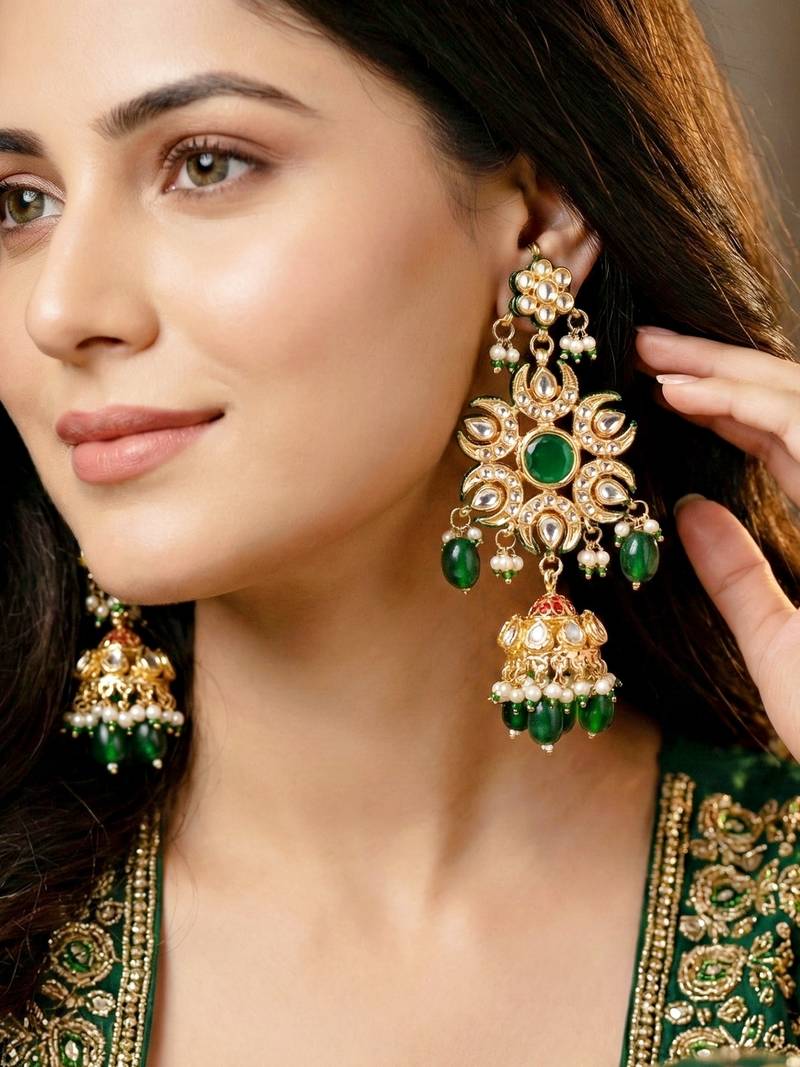 Gold plated navratan necklace set with earrings