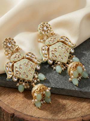 Traditional mint kundan & pearl long necklace set for women 5