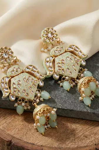 Traditional mint kundan & pearl long necklace set for women