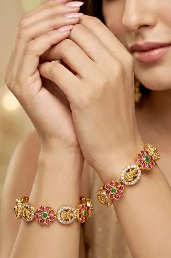 Gold peacock design bangle pink green