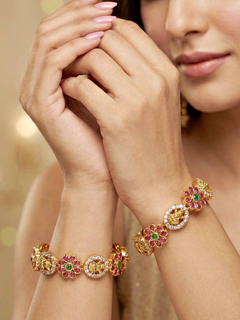 Gold peacock design bangle pink green