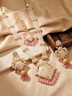 Traditional pink kundan & pearl long necklace set for women 4