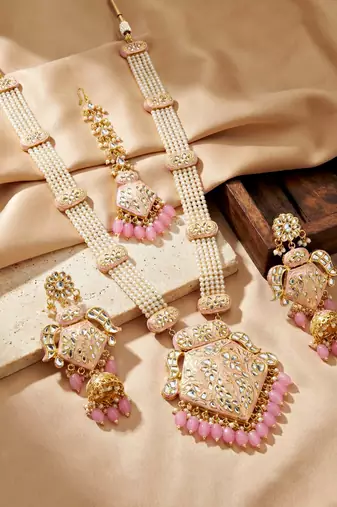 Traditional pink kundan & pearl long necklace set for women