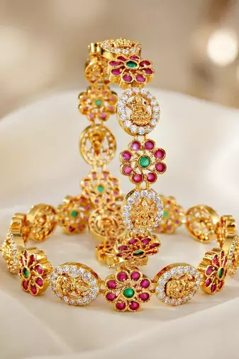 Gold peacock design bangle pink green
