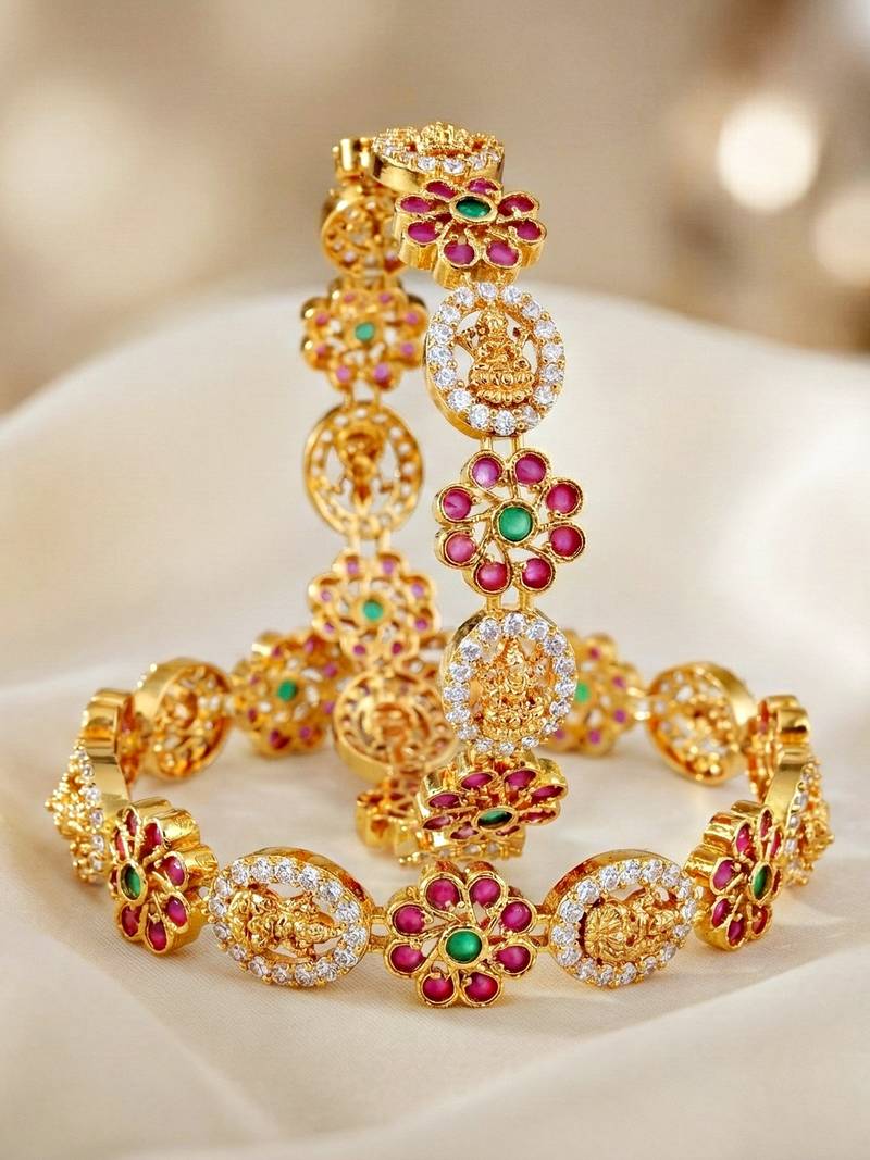 Gold peacock design bangle pink green