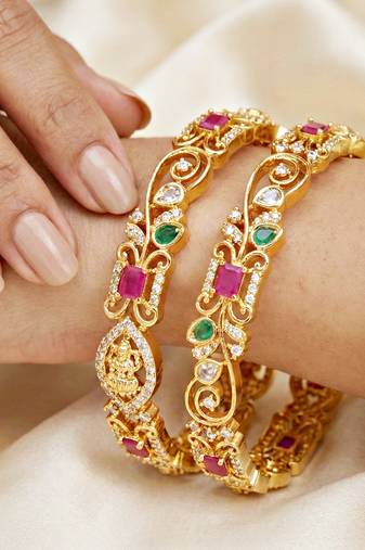 Gold floral ad bangle pink green stone