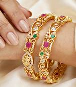 Gold floral ad bangle pink green stone