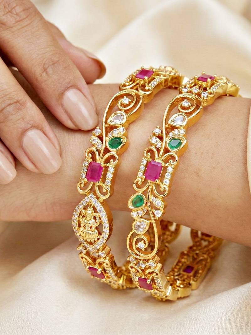 Gold floral ad bangle pink green stone