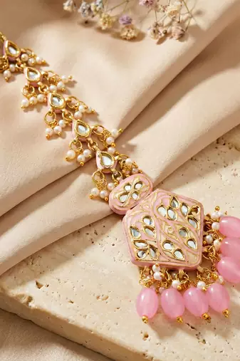 Traditional pink kundan & pearl long necklace set for women