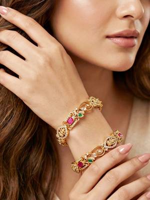 Gold floral ad bangle pink green stone 2