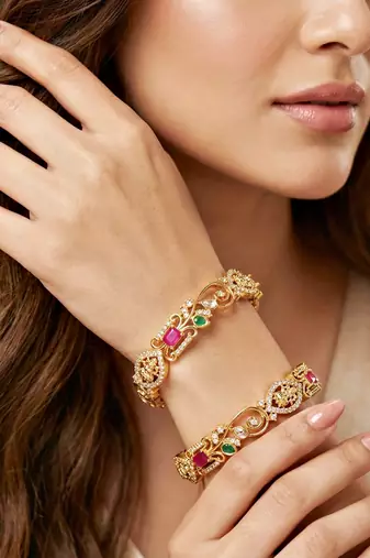 Gold floral ad bangle pink green stone