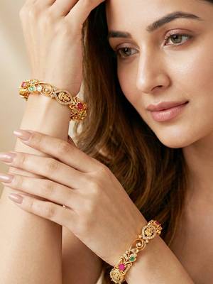 Gold floral ad bangle pink green stone 3