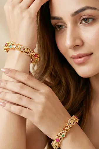 Gold floral ad bangle pink green stone