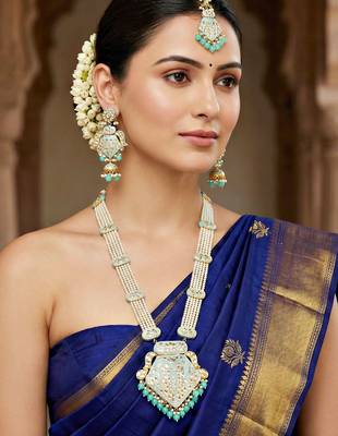 Traditional turquoise blue kundan & pearl long necklace 1