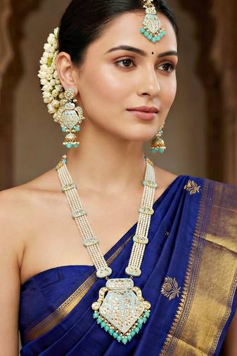 Traditional turquoise blue kundan & pearl long necklace