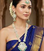 Traditional turquoise blue kundan & pearl long necklace