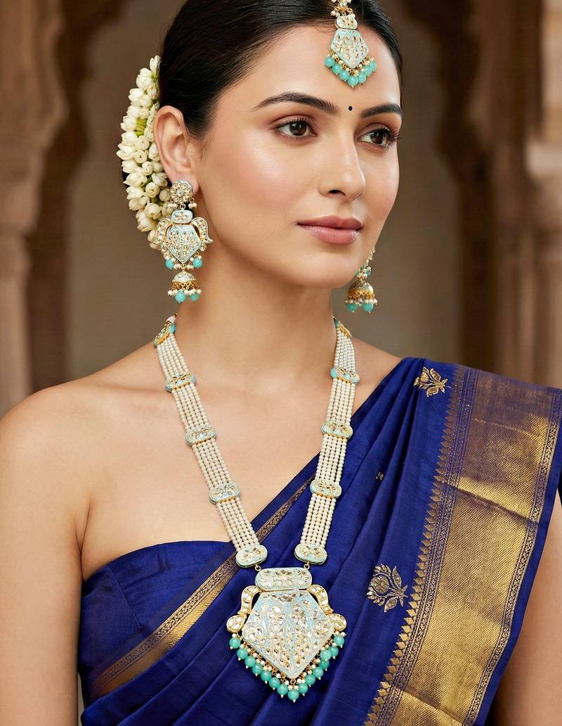 Traditional turquoise blue kundan & pearl long necklace