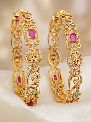 Gold floral ad bangle pink green stone 4