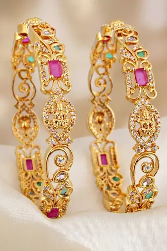 Gold floral ad bangle pink green stone