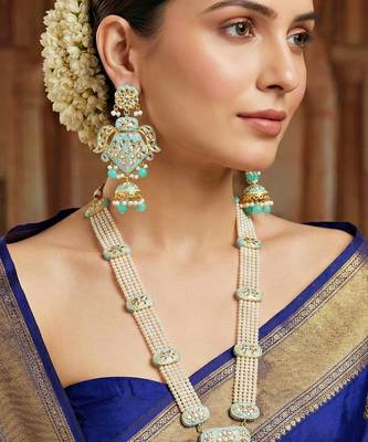 Traditional turquoise blue kundan & pearl long necklace 2