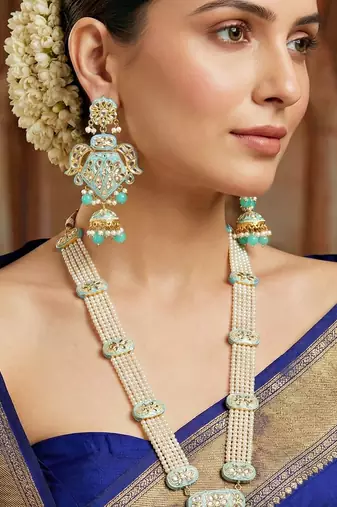 Traditional turquoise blue kundan & pearl long necklace