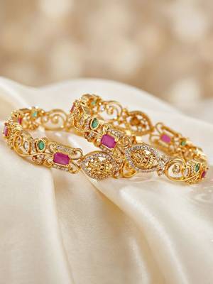 Gold floral ad bangle pink green stone 5