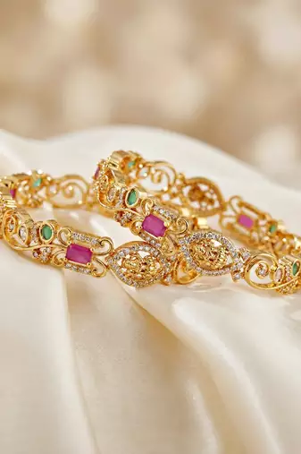 Gold floral ad bangle pink green stone