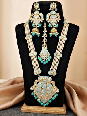 Traditional turquoise blue kundan & pearl long necklace 3