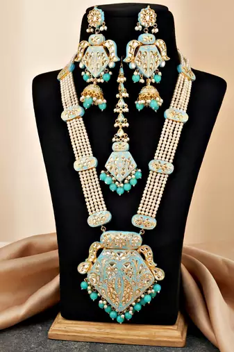 Traditional turquoise blue kundan & pearl long necklace