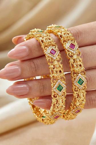 Gold laxmi temple ad bangle green stone