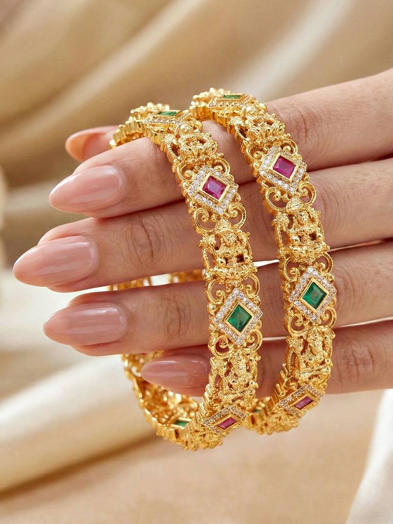 Gold laxmi temple ad bangle green stone