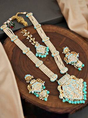 Traditional turquoise blue kundan & pearl long necklace 4