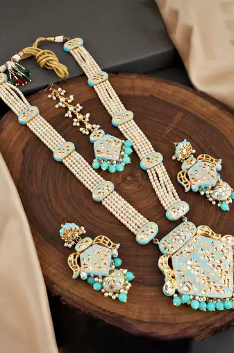 Traditional turquoise blue kundan & pearl long necklace