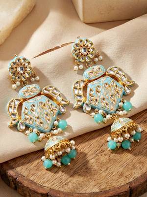 Traditional turquoise blue kundan & pearl long necklace 5
