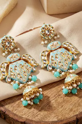 Traditional turquoise blue kundan & pearl long necklace