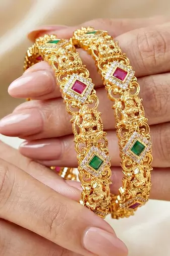 Gold laxmi temple ad bangle green stone