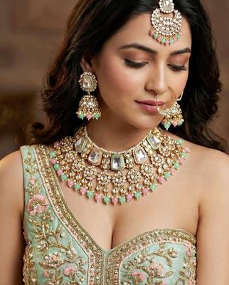 18 kt gold plated pink mint kundan bridal necklace set with tikka & nath 1