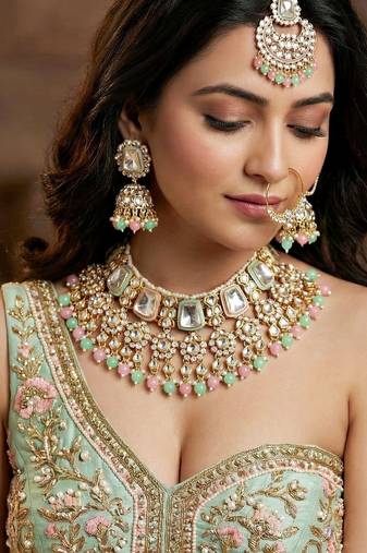 18 kt gold plated pink mint kundan bridal necklace set with tikka & nath