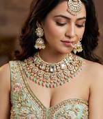 18 kt gold plated pink mint kundan bridal necklace set with tikka & nath